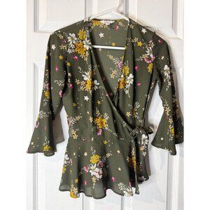 CANDIES floral wrap front tie waist peplum bell sleeve semi sheer top blouse Siz